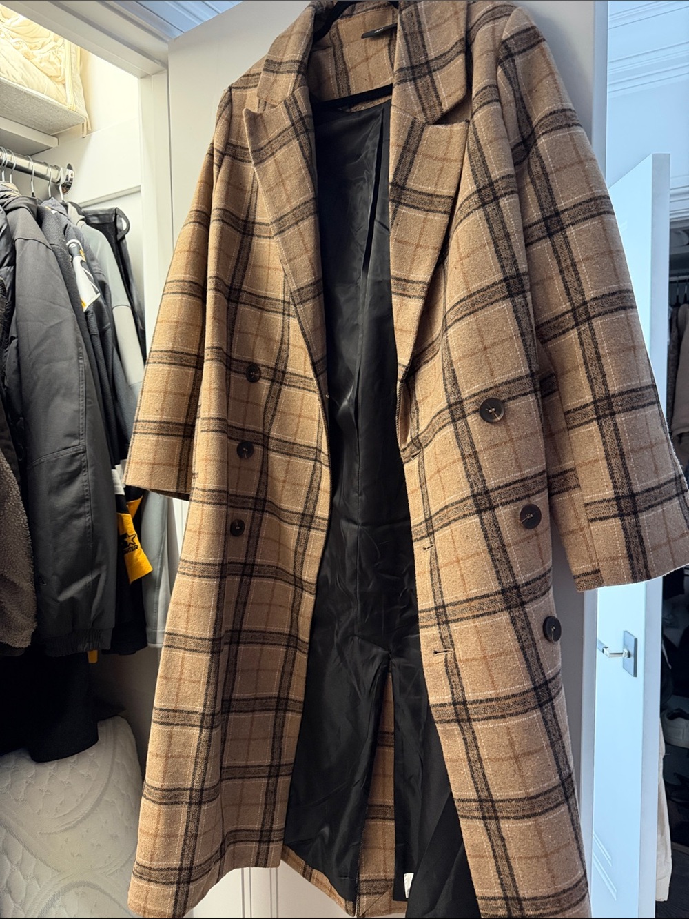 Plaid Double-Breasted Coat - Beige/Brown